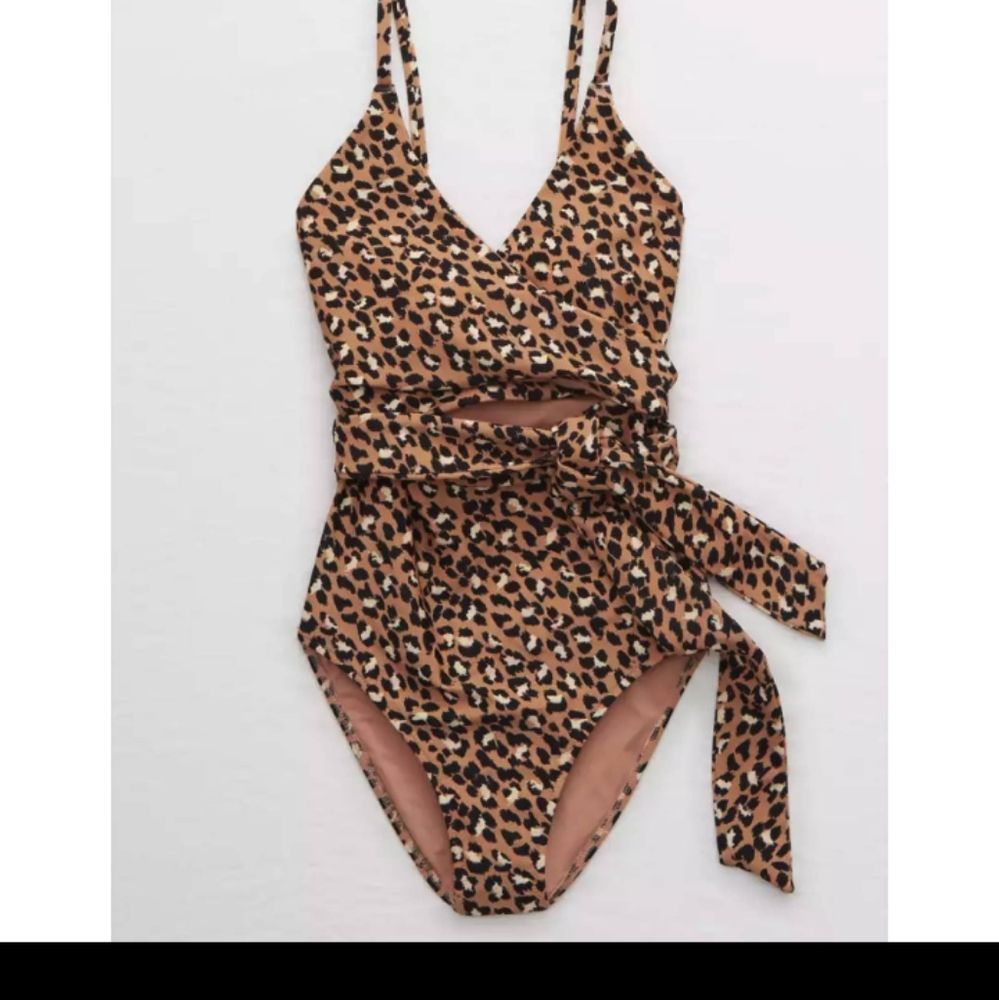 aerie Leopard Print One-Piece Swimsuit in Tan, Black, Cream